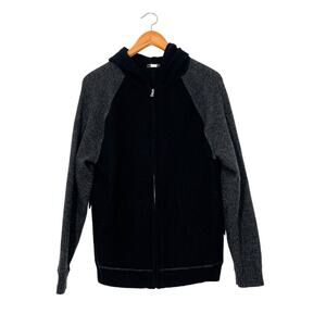 Express Women’s Lambs Wool Hooded Full Zip Knit Cardigan Sweater Black Gray Sz M